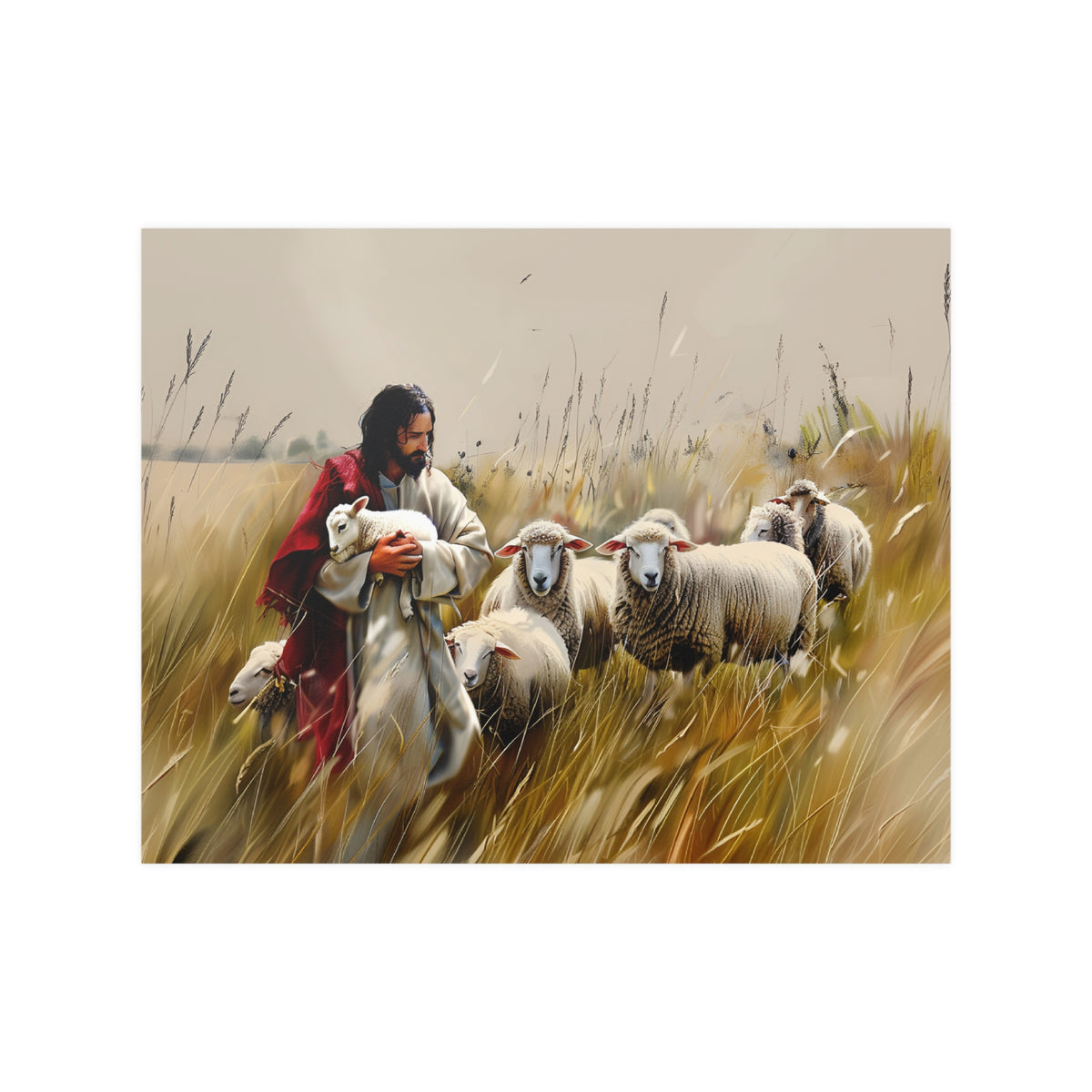 Jesus and His Flock of Sheep Christian Wall Art Print