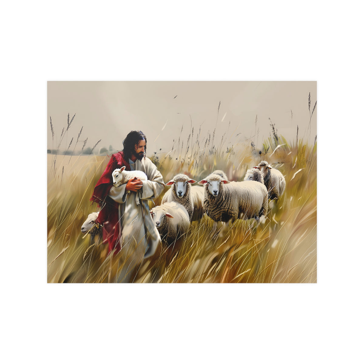 Jesus and His Flock of Sheep Christian Wall Art Print