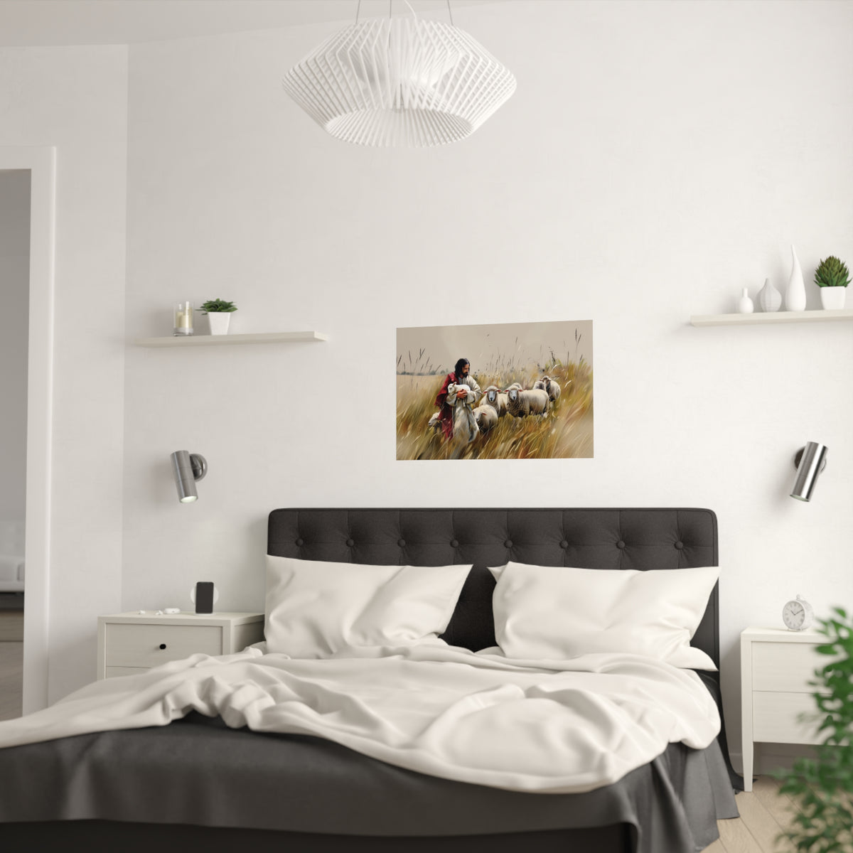 Jesus and His Flock of Sheep Christian Wall Art Print