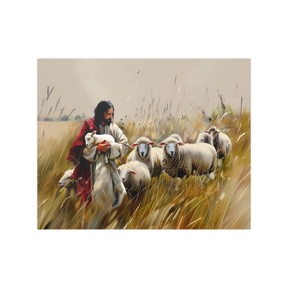 Jesus and His Flock of Sheep Christian Wall Art Print