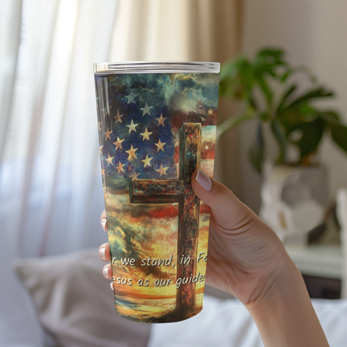 Together We Stand, Patriotic Cross & Flag Christian Faith Tumbler
