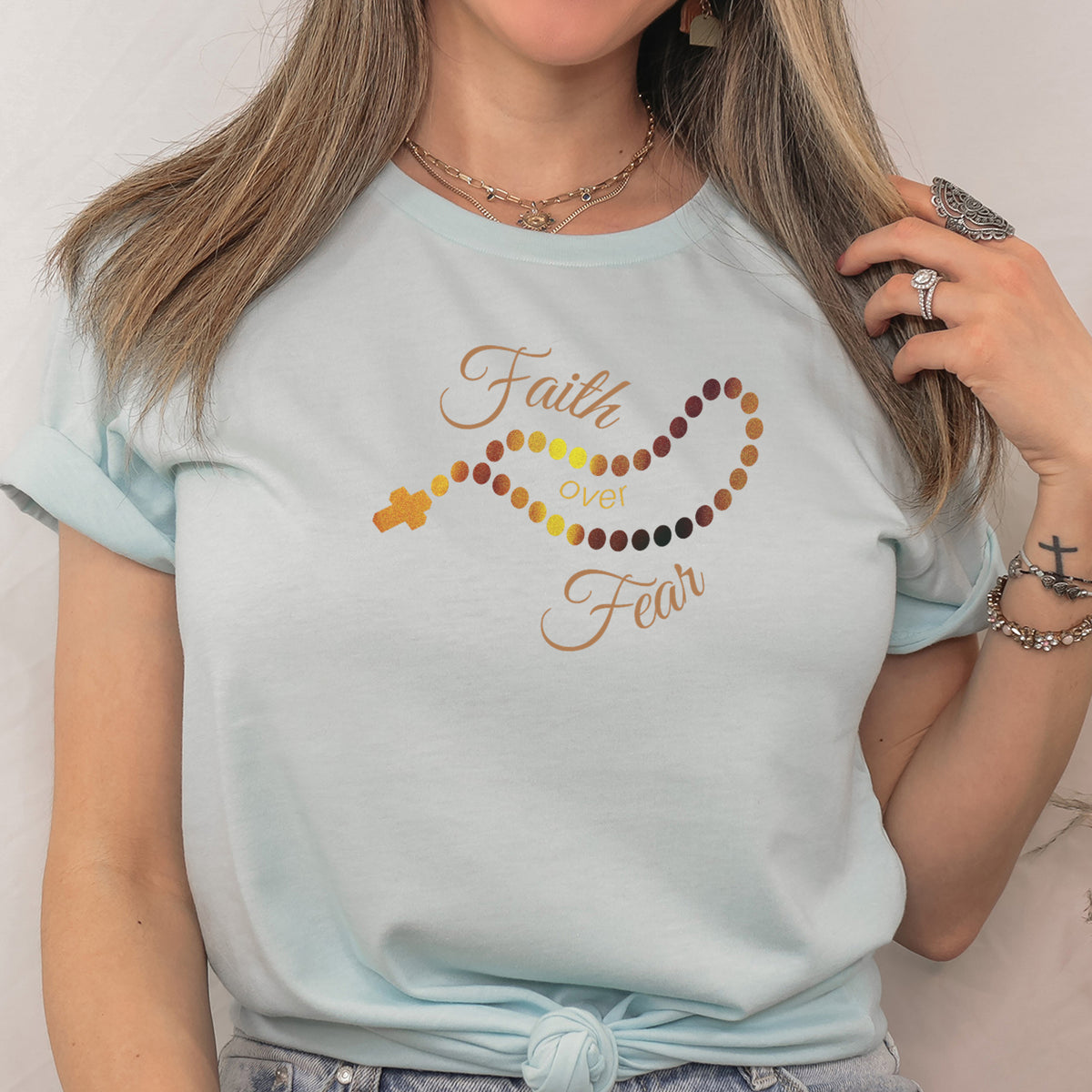 Faith Over Fear Rosary Designed Christian T-Shirt