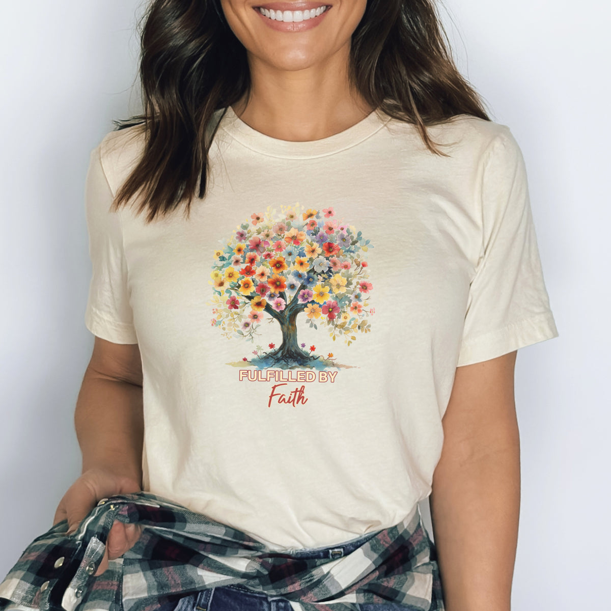 Fulfilled by Faith Floral Tree Design - Women's Christian T-Shirt